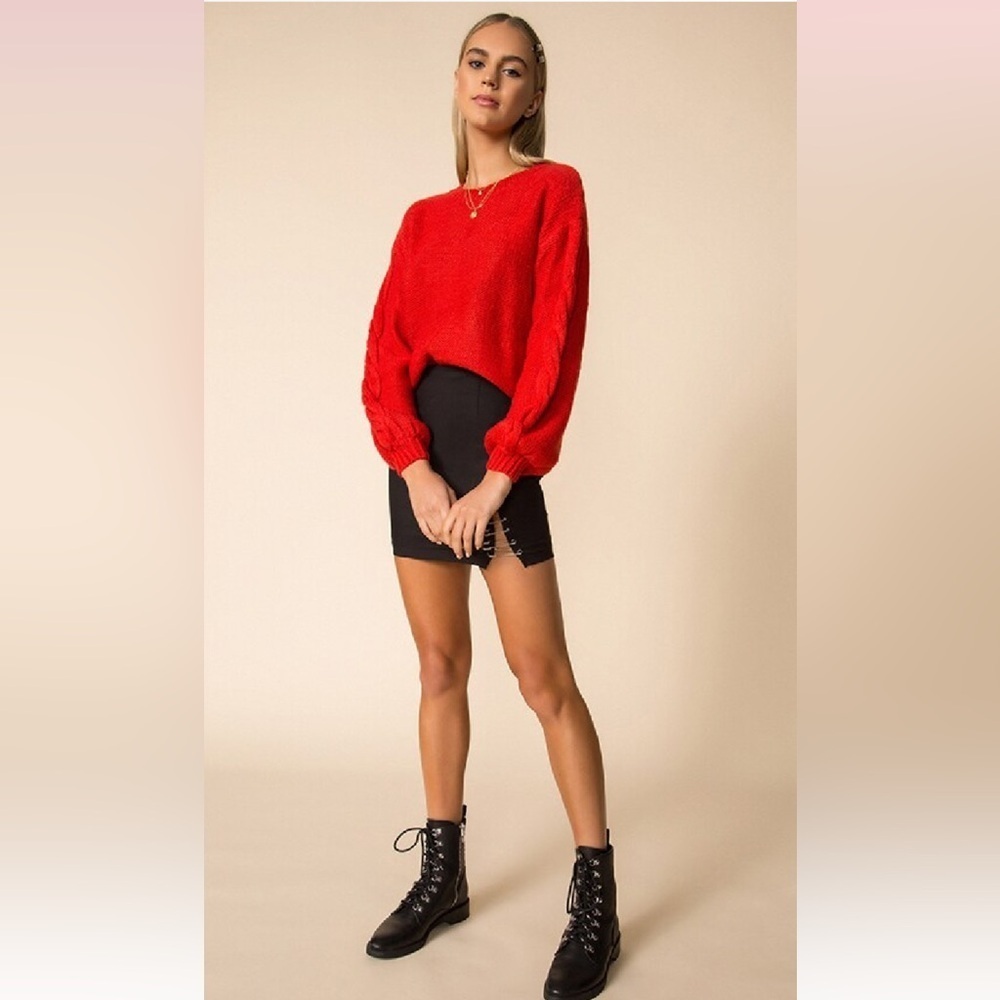 Superdown Parker Oversized Chunky Knit Balloon Sleeves Red Cropped Pullover M